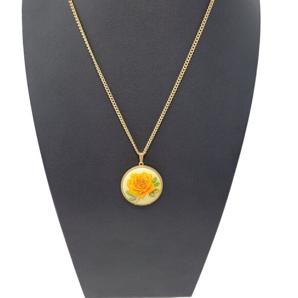 Vintage Guilloche Orange Rose Enameled‎ Pendant Locket Necklace Gold Tone 24" - Picture 13 of 13